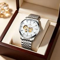 Mens Automatic Mechanical Watch Hollow Skeleton Dial Diamond Index Luminous Wrist Watch Waterproof sidabras/balta