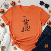 Yes I Can Drive A Stick T-Shirt Funny Witch Joke Broomstick Halloween Spooky Top 120 orange