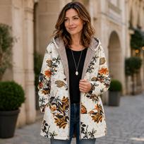 Ladies Bohemian Mandala Print Fleece‑Lined Hooded Coat, Full‑Zip Mid‑Length Warm Outerwear, Comfort Casual Jacket with Pockets for Women L brown