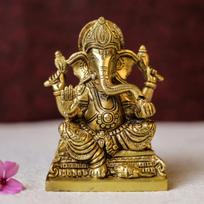 Lord Ganesha Brass Idol, Murti Showpiece For Home Pooja Decor, Gold, Brass brown