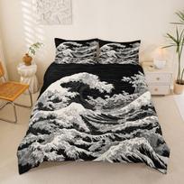 Japanese Wave Bedding Sets,Mount Fuji Sun Painting Duvet Set 2Pcs For Kids Girls Boys Teens Room Decor,Polyester Comforter Cover 100x135cm 2pcs black