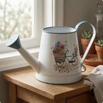 Metal Watering Can Long Spout Curved Handle GoldenHued Trim Garden Tool White1 White-2