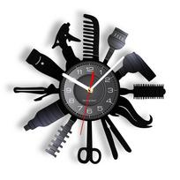 Hair Salon Tools Wall Clock Barber Wall Sign Clock Hairdressing Salon Interior Design Vinyl Record Wall Clock Hipster Gift Idea gray