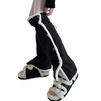 Women's Slouchy Leg Warmers with Side Split Buttons Solid Color Fleece Lined Drawstring Leg Covers Footless Long Socks black