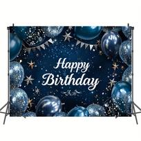 A navy blue birthday background Silver glitter balloon stars flag sequined background 150x130cm