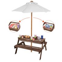 VEVOR Kids Picnic Table with Umbrella, 3-in-1 Sand & Water Table, Outdoor Wooden Table and Bench Set with 2 Trays 89 x 33 x 1.3 cm