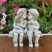 Boy and Girl on Bench Figurine Romantic Gift Kissing Couple Statue Handcrafted Look Resin gray