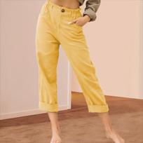 Women's Elastic High Waist Cuffed Hem Straight Leg Cropped Pants Casual Cotton Linen Trousers 3XL geltona