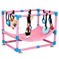 Dog Activity Gym for Indoor Play and Rest, Featuring 8 Suspended Accessories, a Resting Bed, and a Rectangular PVC Frame rožinė