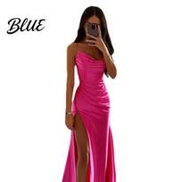 Women Slip Dress Lady Evening Stain Side Slit Pleated Backless Slim Fit Spaghetti Strap Maxi M