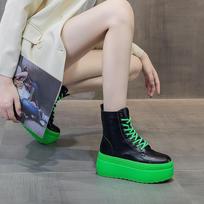 New leather boots short boots trendy thin Martin boots women's autumn and winter women's green bottom thick sole 36