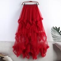 Tutu Tilio Ilgas Sijonas Moterims Vasarinis Korėjietiškas Estetiškas Mielas Nelygus Tinklelis Aukštas Liemuo Maxi Sijonas Moteriškas One Size raudona