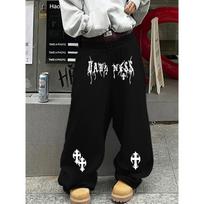 Men's Urban Black Sweatpants, Wide Leg with White Abstract Tribal & Art Prints, Drawstring Loose Fit Streetwear Essentia XL black