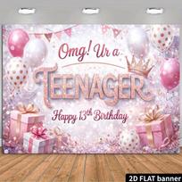 Pink Glitter 2D 13th Birthday Backdrop with Crown & Confetti Decor 47.2x31.5inch/120*80cm white
