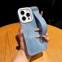 Luxury Denim-patterned Leather Wristband Phone Case for iPhone 17 Pro max 16 15 14 13 12 11 Shockproof For Magsafe slim Cover iPhone17 Pro mėlyna