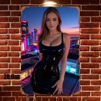 Blonde Woman in Shiny Black Latex Bodycon Dress Standing on Rooftop at Sunset City Lights D Flat HD Metal Picture Wall Art Deco 20x30cm（7.8x11.8inch） blue