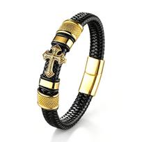 Retro rankų darbo odinė kryžiaus apyrankė su aukso ir sidabro padengimu bei magnetine sagtimi black