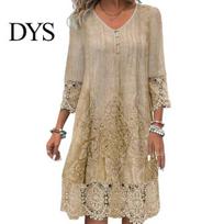 Spliced Pleat Detail Dress Summer Women V Neck Hollow Out Lace Buttons Three Quarter V-neck Sleeves Embroidery Solid Color Loose Knee Length 2XL beige