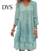 Spliced Pleat Detail Dress Summer Women V Neck Hollow Out Lace Buttons Three Quarter V-neck Sleeves Embroidery Solid Color Loose Knee Length S gray