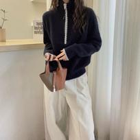 Lazy Style Contrasting Lace Half-Zip Stand Collar Knit Sweater: Versatile, Loose-Fit Autumn/Winter Pullover. One Size tamsiai mėlyna