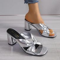 2024 Summer Silver Square Head Chunky Heel Flip-flops Open Toe Sandals French Gold High-heeled Half Slippers Shoes for Women 42 sidabras