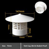 PVC Round Rain Cap Roof Ventilation Grille Snowproof Hood Fits 75-250mm Exhaust Pipes for Cold Area Vent Use 75mm