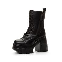 Punk British Style Girl Thick Sole Side Zip Boots Lace Up Platform Booties For Women Leather PU Chunky Heel Shoes High Top Pumps 41 black