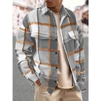 Men's Lapel Checkered Shirt Retro Brushed Casual Long-sleeved Jacket XS gray