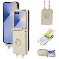 Grid Crossbody Phone Case for Samsung Z Flip 7 6 5 4 3 Flip7 Flip6 Flip5 Flip4 Flip3 Phone Cover Lanyard Phone Case Cards Slots Galaxy Z Flip7 balta