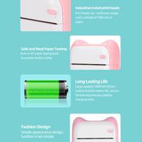 Thermal Printer Bluetooth Direct Connection USB Charging 203DPI 1000mAh Portable Mini Picture Printer with Printing Paper Pink white