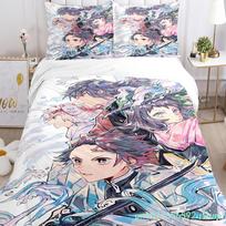 Anime Demon Slayer Print Bedding Set 2/3pieces Nezuko Bed Linen Queen Double Single King Size Duvet Cover Set Kids Adults Gift EU Single 135*200cm/53x79in 3pcs white
