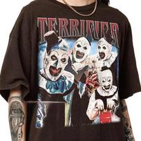 Vintažiniai siaubo filmo „Terrifier“ marškinėliai, Art The Clown Terrifier marškinėliai, Baisūs unisex marškinėliai XXXL gray