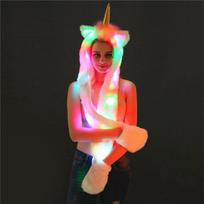 Vienaragis LED šviečiantis kepurės, šaliko ir pirštinių rinkinys moterims, dirbtinio kailio žiemos kostiumo aksesuaras Unicorn LED Hat Faux Fur, Animal Style pink