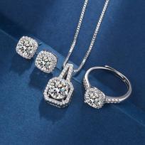 Light Luxury Square Diamond Ring Earrings Necklace Jewelry Set Female gray