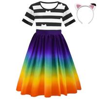 Children's Gabby Dress Girl's Black And White Striped Cat Print Dress For Toddler Kids Halloween Birthday Themed Party Outfits 110 blue