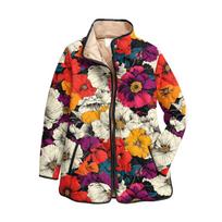 Women's Floral Print Stand Up Collar Pleated Cotton Long Sleeved Button Cotton Jacket M raudona