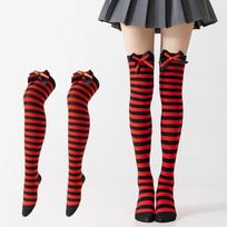 Striped Thigh High Socks 1 Pair Double Bow Decor Stretchy Fabric for Cosplay Halloween Role Play Party Supplies A21 black