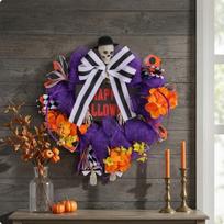 Halloween Wreath with Skeleton Legs | Layered lilac Mesh, Bold Contrast Bow, for Porch gray