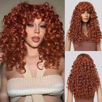 African Curly Wig With Full Cap Long Wavy Hair Heat-Resistant Synthetic Hairpiece Women Natural Look Red Brown brown