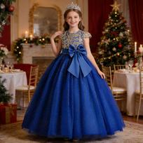 Mergaičių S pūstas princesės vestuvių pasirodymo suknelė vaikams 140cm mėlyna