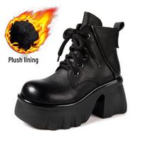 Women's Genuine Leather Martin Boots - Thick Sole, High Heel, Petite Height Boost, Versatile British Style for Autumn/Winter. 35 black