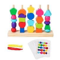 Montessori medinių karoliukų sekvenavimo žaislų rinkinys, penkių stulpelių spalvingų kaladėlių rinkimas, karoliukų vėrimas, formų atitikimo bokštelis blue