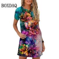 Elegante vestido com estampa floral doce feminino, mini vestido solto, manga curta, tamanho grande, praia, casual 6XL brown