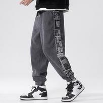 Vyriškos pavasario/rudens kinų stiliaus laisvalaikio dėmėtos veliūrinės kelnės jaunimui, vidutinio juosmens, su raišteliu, slim-fit 4XL tamsiai pilka spalva