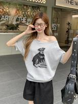 Lazy wind puppy print design sense diagonal collar short-sleeved T-shirt women's summer ootd beautiful casual off-the-shoulder jacket XL white