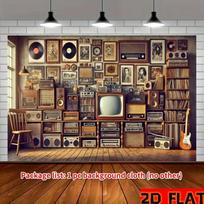 2D 80s Music Studio Backdrop Old TV, Records & Guitar Photo Background 70.9x43.3inch/180*110cm brown