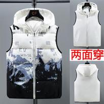 Mens Two Sides Wear Thickened Hooded Cartoon Printed Cotton Vest Sleeveless Casual Winter Waistcoat XL gray