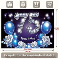 Blue Golden 75th Birthday Party Banner, Balloon Rose Star Design Polyester Backdrop for Home 43.31inch x 70.87inch