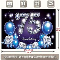 Blue Golden 75th Birthday Party Banner, Balloon Rose Star Design Polyester Backdrop for Home 31.5inch x 47.24inch