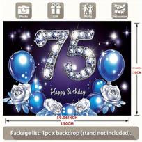 Blue Golden 75th Birthday Party Banner, Balloon Rose Star Design Polyester Backdrop for Home 51.18inch x 59.06inch